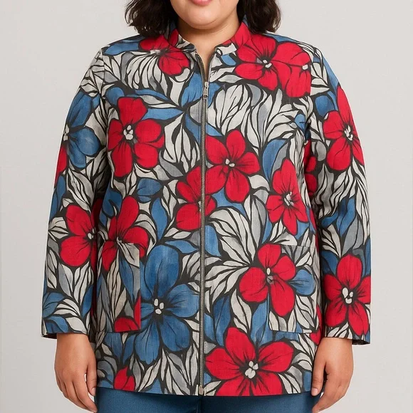 Afred Dunner women's cotton blend floral print zip up blazer jacket, size 16 - Picture 2 of 16